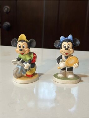 Mickey and Minnie Mouse Sports Ceramic Figurines Disney Bicycle Racket Vintage
